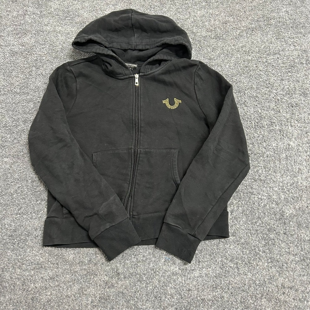 True Religion Hoodie Womens Size L Black Gold Rhinestone Zip Up Graphic Hoodie